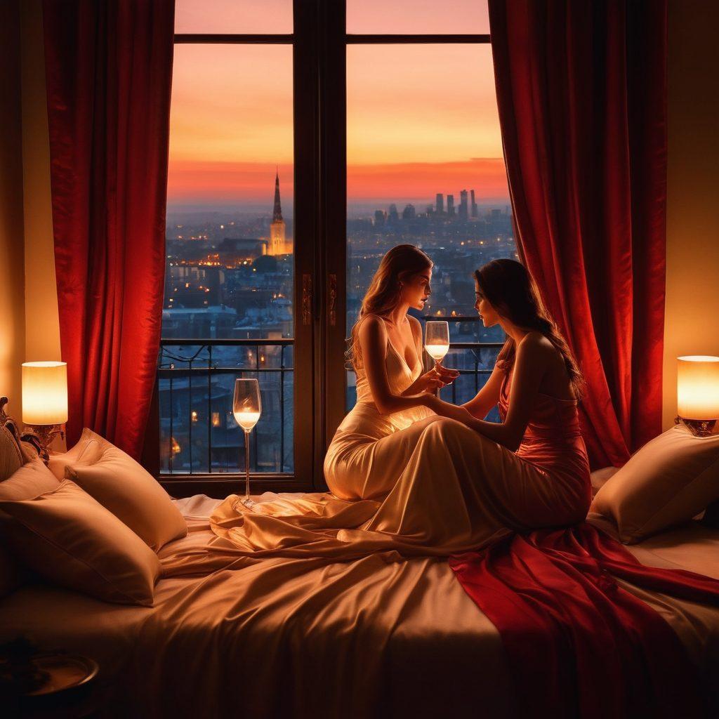A sultry, intimate scene depicting a couple in a soft, candle-lit setting, surrounded by lush pillows and silk sheets, embodying desire and connection. The atmosphere is warm and inviting, with subtle hints of passion, such as red roses and glistening wine glasses. A silhouette of a city skyline can be faintly seen through an elegant window, suggesting a world beyond. The mood is both romantic and contemplative, inviting exploration of deeper emotions. super-realistic. warm colors. soft lighting.