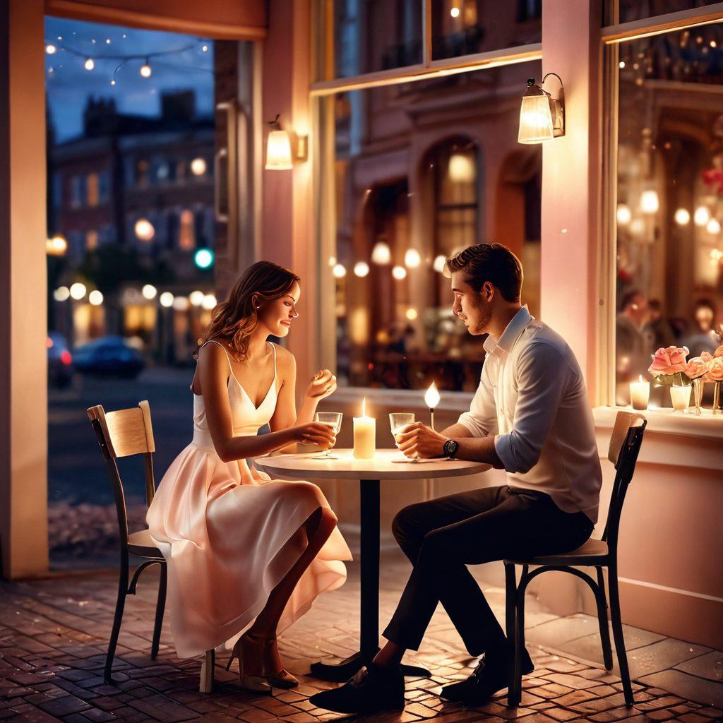 A captivating illustration of an intimate café setting, featuring a couple engaged in playful eye contact, surrounded by soft candlelight and gentle pastel tones. Romantic elements like a rose on the table and subtle music notes floating in the air enhance the mood of flirtation and seduction. The backdrop shows a softly blurred street view. super-realistic. warm colors. 3D.