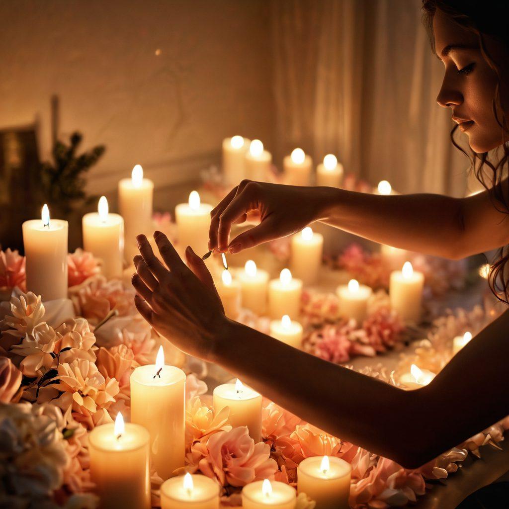 A serene, candle-lit room filled with soft, plush textures that symbolize comfort and intimacy. In the foreground, a pair of elegant hands gracefully entwined, surrounded by petals and dimmed lighting to create an air of mystery. Subtle elements of nature like flowing water or blooming flowers suggest passion and desire. The overall mood is seductive yet inviting, accentuating the theme of sensual connections. soft-focus photography. warm tones. atmospheric lighting.